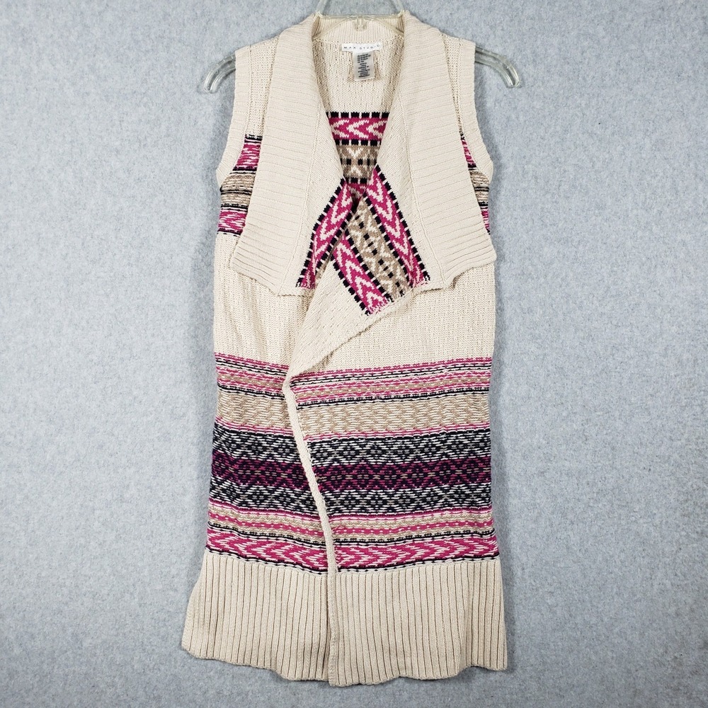 Max Studio Aztec Tribal Knit Cardigan‎ Vest Cream Pink Black Sleeveless Layer M